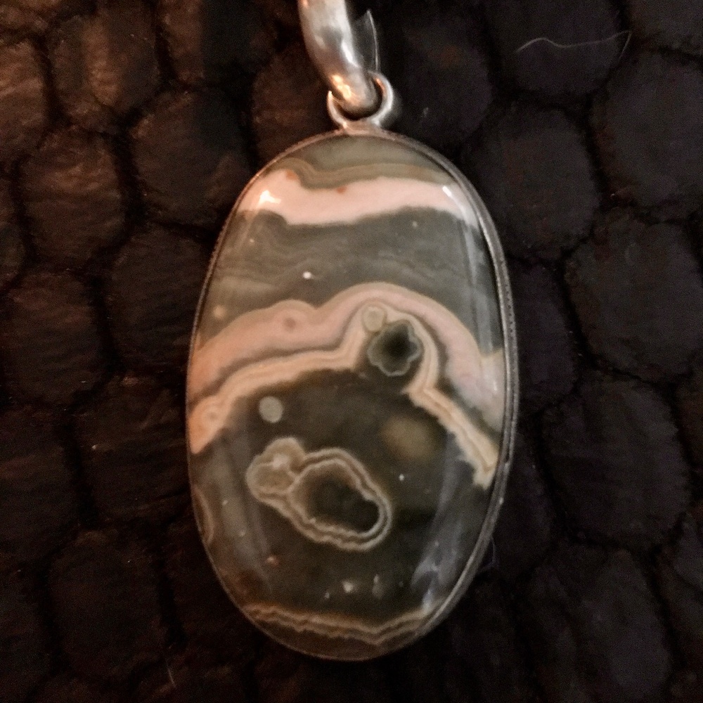 SALE! Silver Pendant with Green and Cream Orbicular Jasper Natural Stone -